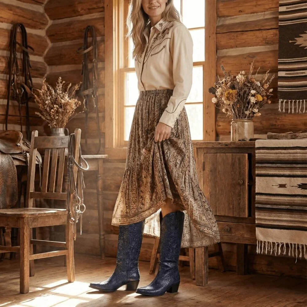Women Blue Boots Embossed Knee High Western Boots Pointed Toe Comfortable